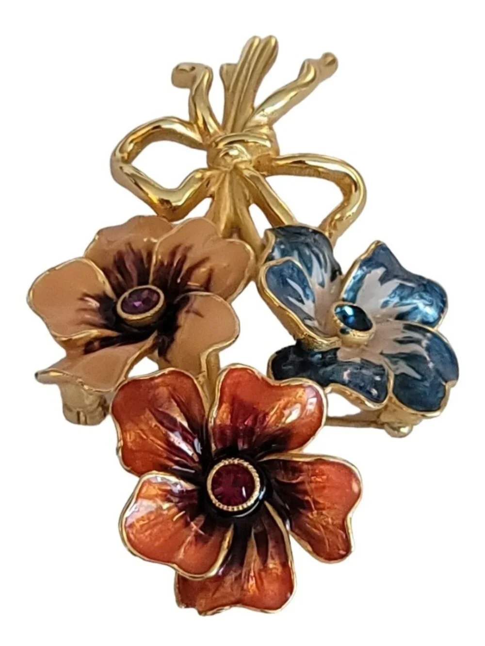 Joan Rivers Orange Red, Blue Enamel Rhinestone Flower Bunch Brooch, Signed K72